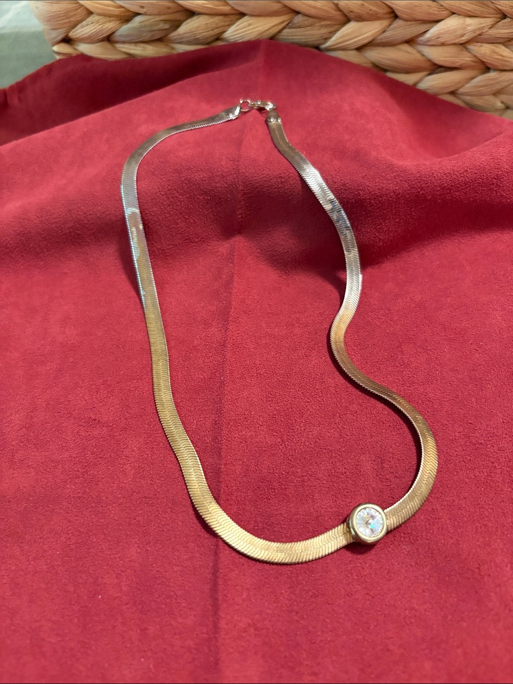 Gold-Tone Herringbone Necklace with Center Crystal